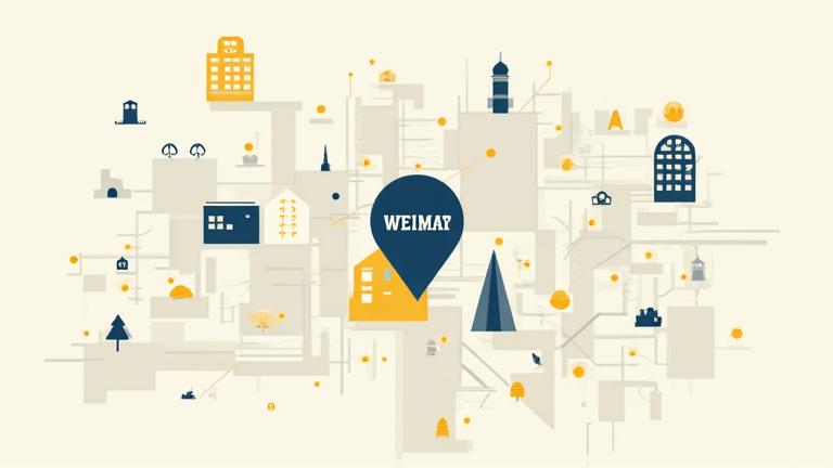 Eine stilisierte Karte, die den Standort von Himmels Echo in 72 Planckstraße, 99423 Weimar hervorhebt, umgeben von Bauhaus-Architektur.