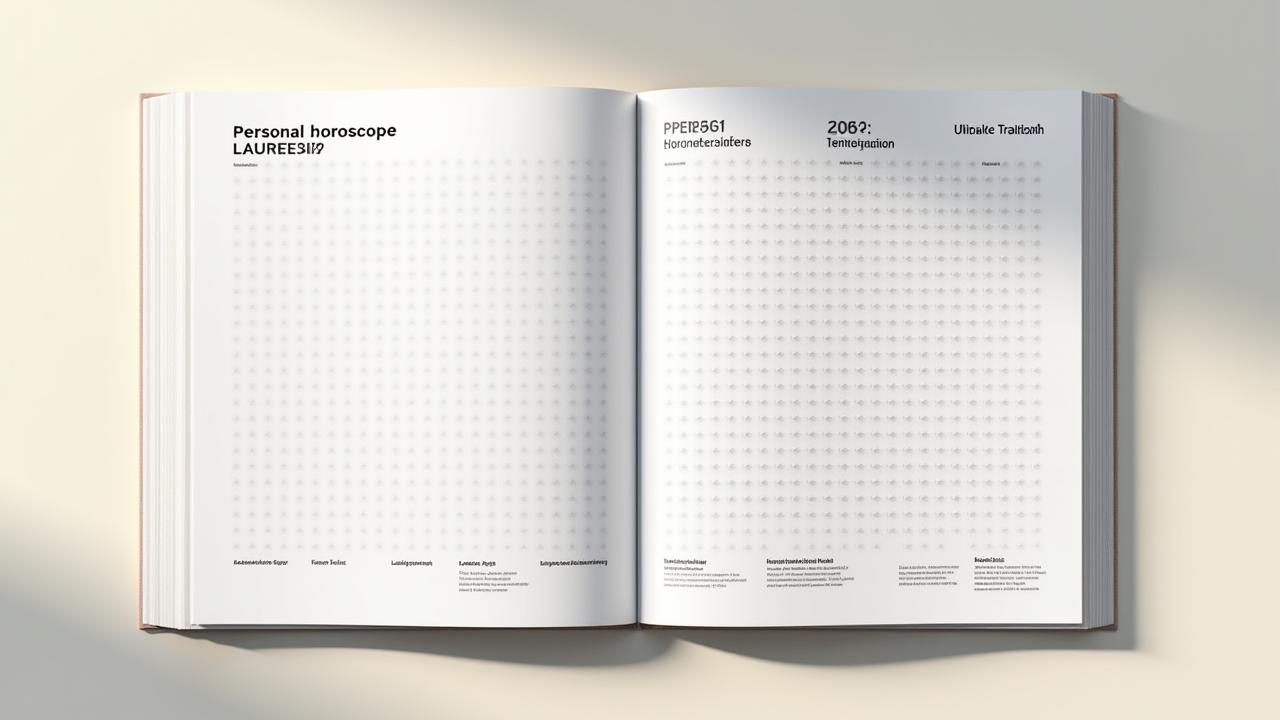 Vorschau eines Muster-Horoskopberichts von Himmels Echo im minimalistischen Bauhaus-Stil. Es zeigt klare Linien, geometrische Formen und eine ausgewogene Typografie, mit Segmenten für verschiedene astrologische Aspekte.